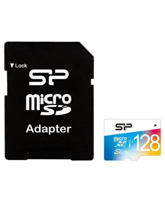 تصویر کارت حافظه 128 گیگابایت سیلیکون پاور کالر الیت MicroSDXC کلاس 10 با سرعت 75 مگابایت در ثانیه به همراه آداپتور تبدیل