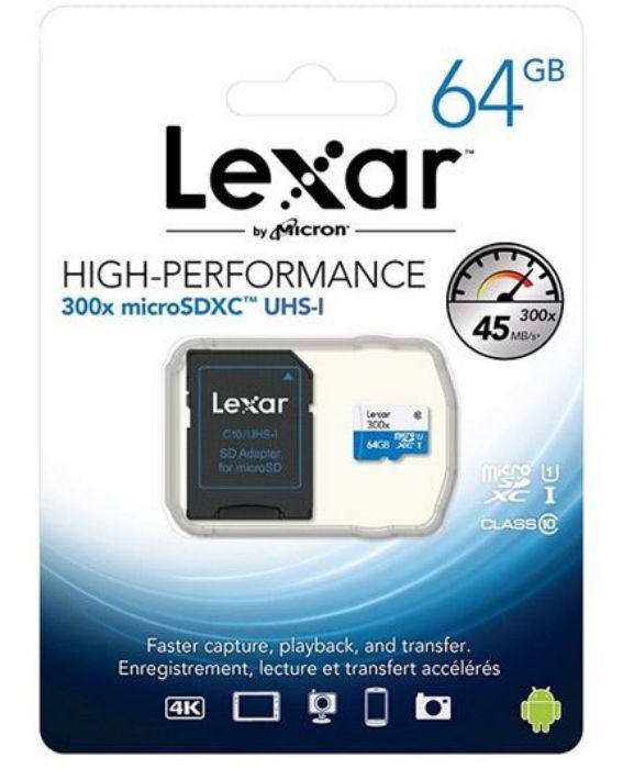تصویر  کارت حافظه لکسار میکرو اس دی اچ سی 64 گیگابایت کلاس 10 با سرعت 45 مگابایت در ثانیه به همراه آداپتور تبدیل