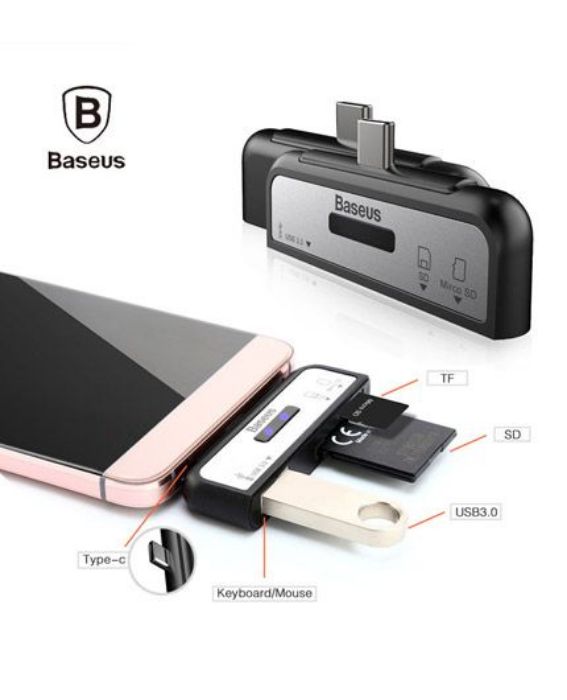 تصویر  کارت خوان و تبدیل OTG بیسوس مناسب برای گوشی‌، تبلت و لپ تاپ‌های دارای درگاه تایپ سی