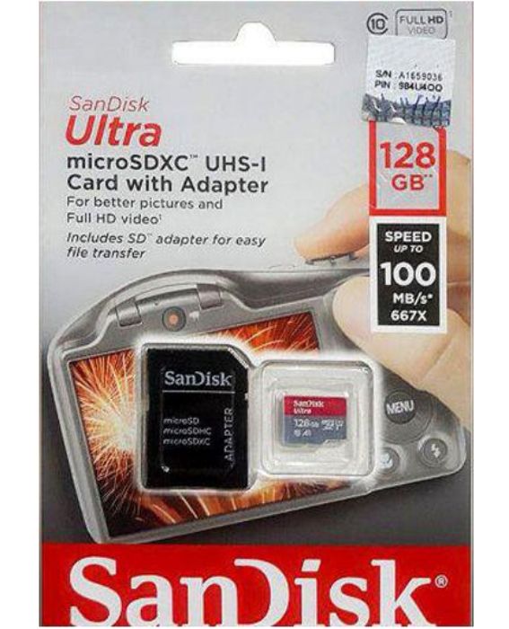 تصویر  کارت حافظه سن دیسک میکرو اس دی ایکس سی 128 گیگابایت مدل Ultra A1 کلاس 10 با سرعت 100 مگابایت در ثانیه به همراه آداپتور تبدیل