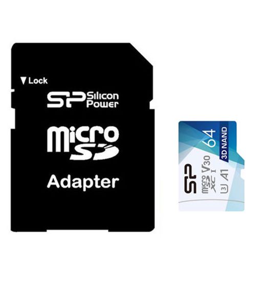 تصویر  کارت حافظه 64 گیگابایت سیلیکون پاور microSDXC مدل U3 superior pro با سرعت 100 مگابایت در ثانیه به همراه آداپتور تبدیل