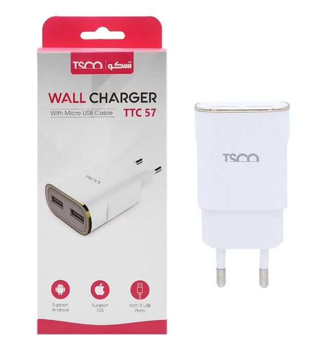 تصویر  شارژر دیواری تسکو مدل TTC 57 با کابل شارژ اندروید (دو پورت)