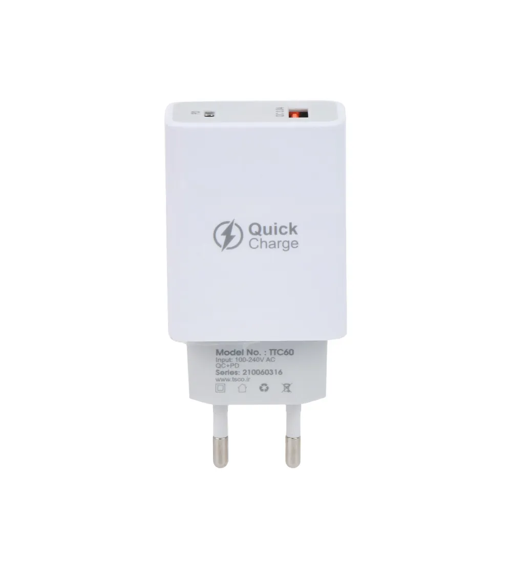 تصویر  شارژر دیواری تسکو مدل TTC 60 با کابل USB Type-C (دو پورت)