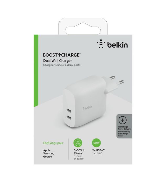 تصویر  شارژر دیواری بلکین 40 وات مدل WCB006vfWH (دو پورت)