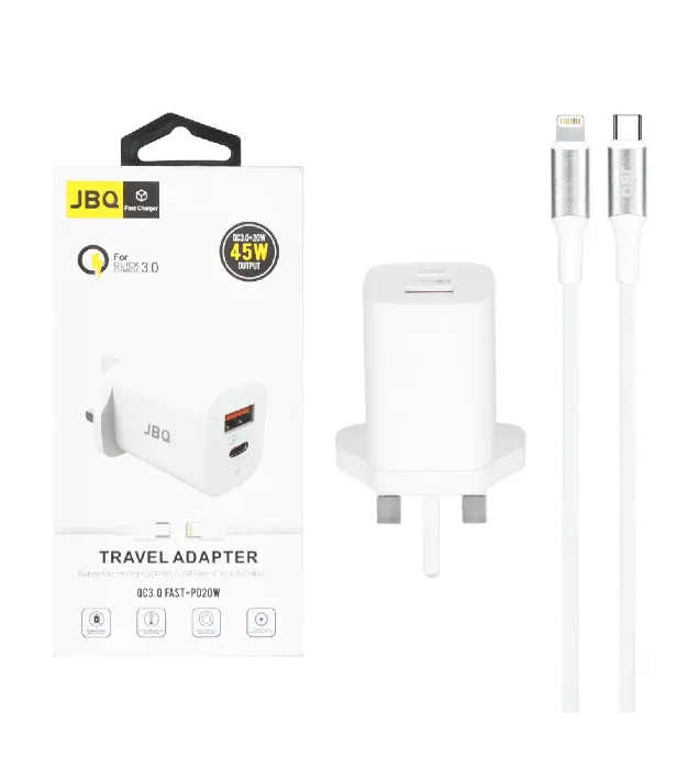 تصویر  شارژر دیواری جی بی کیو 45 وات مدل HC-P5 با کابل شارژ آیفون (دو پورت)