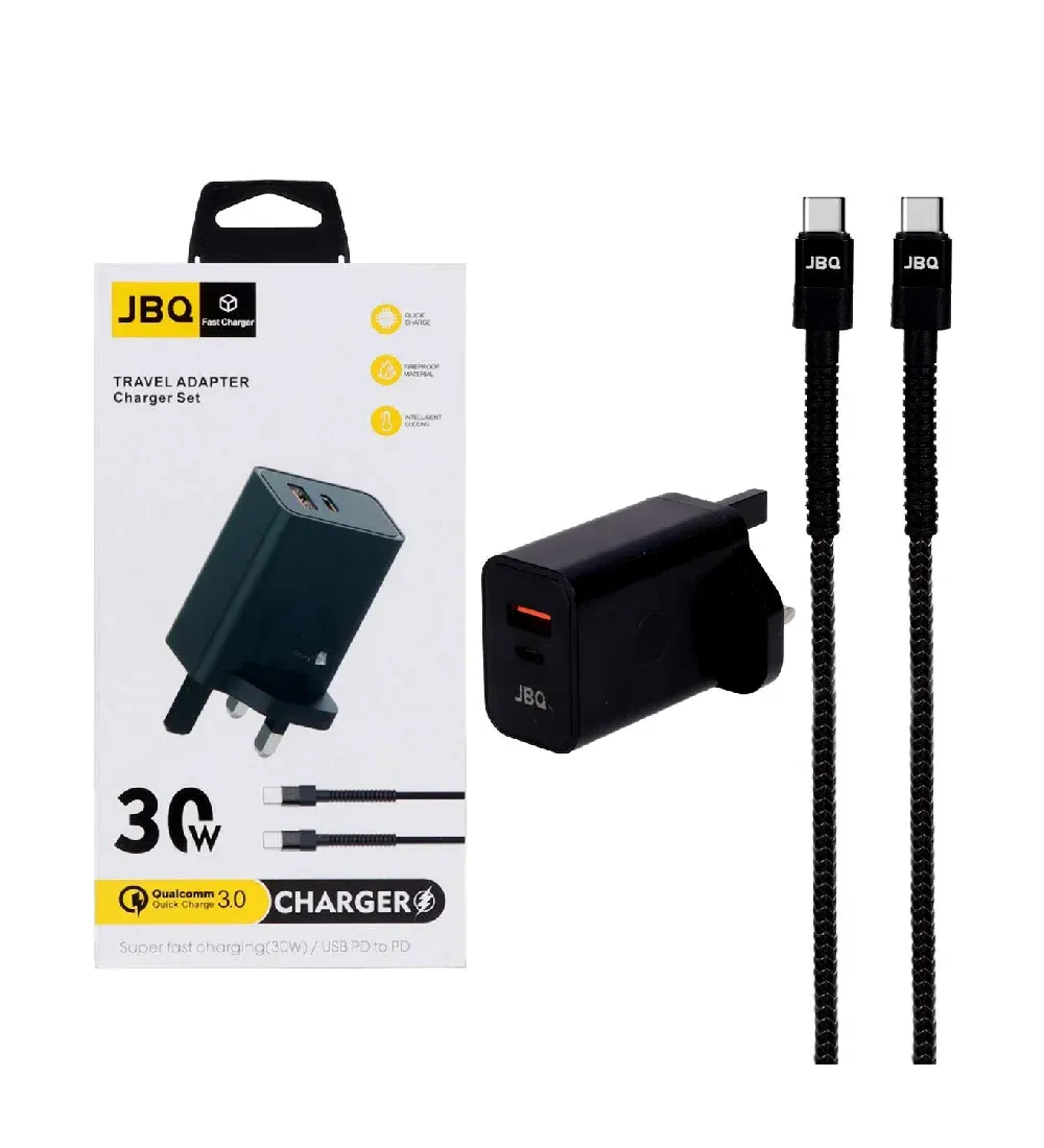 تصویر  شارژر دیواری جی بی کیو 30 وات مدل HC-30w با کابل شارژ تایپ سی (دو پورت)