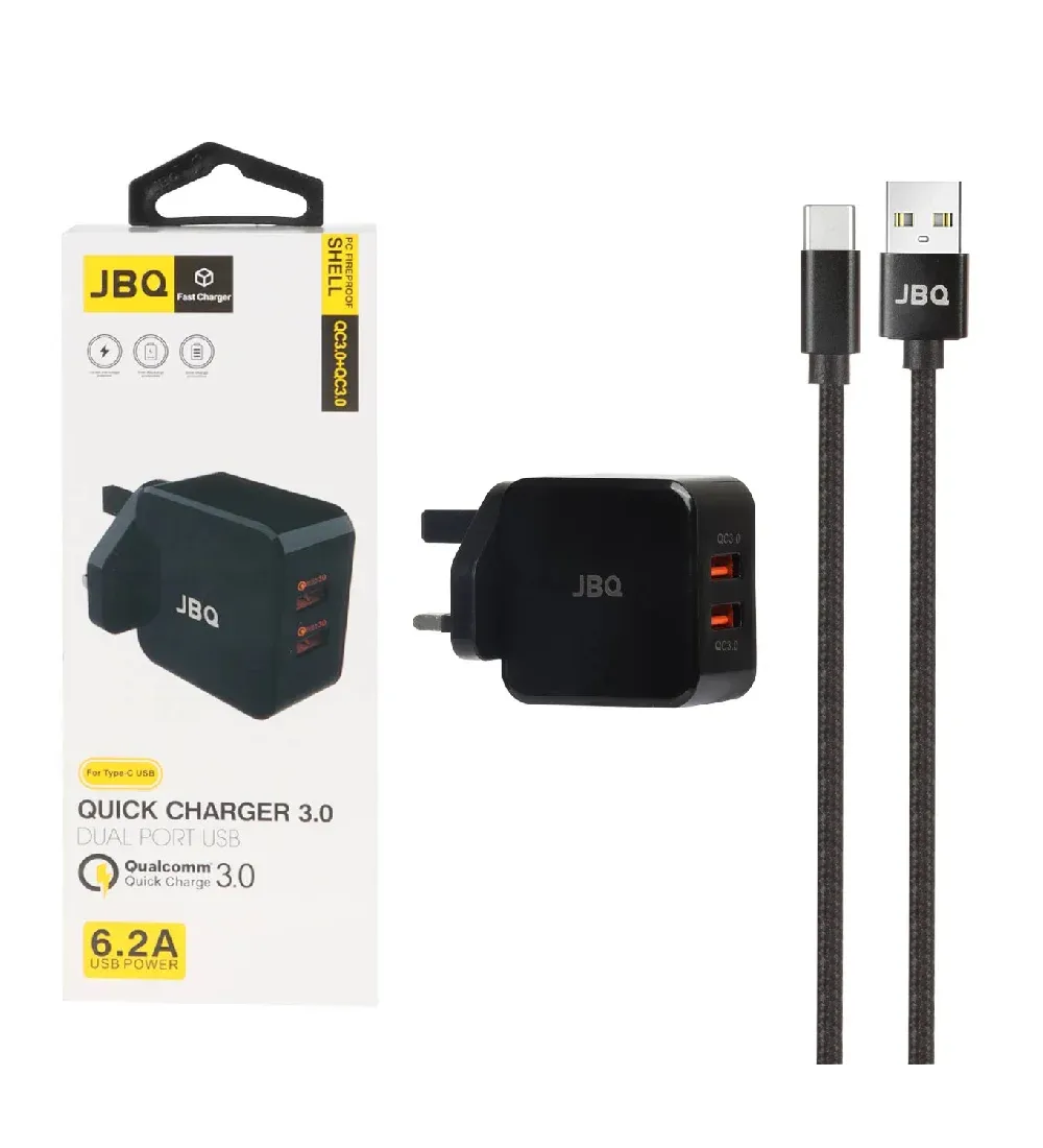 تصویر  شارژر دیواری جی بی کیو 30 وات مدل HC-12F2 با کابل شارژ تیپ سی (دو پورت)