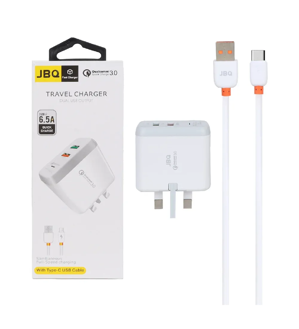 تصویر  شارژر دیواری جی بی کیو 18 وات مدل F-2USB با کابل شارژ تایپ سی (دو پورت)