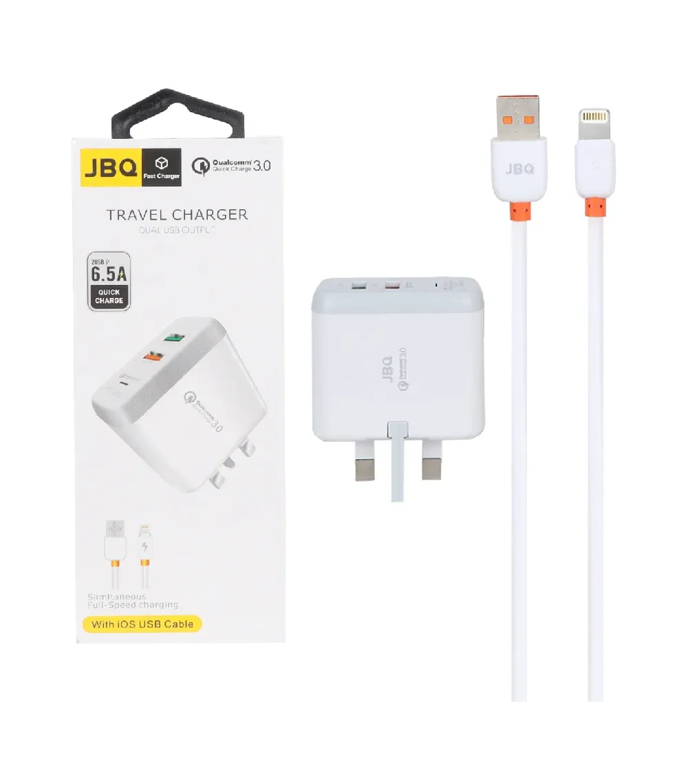 تصویر  شارژر دیواری جی بی کیو 18 وات مدل F-2USB با کابل شارژ آیفون (دو پورت)