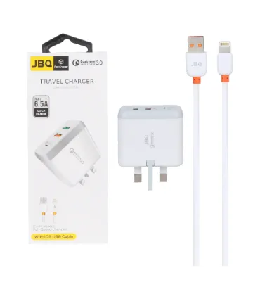 تصویر  شارژر دیواری جی بی کیو 18 وات مدل F-2USB با کابل شارژ آیفون (دو پورت)
