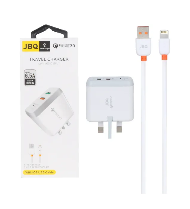 تصویر  شارژر دیواری جی بی کیو 18 وات مدل F-2USB با کابل شارژ آیفون (دو پورت)