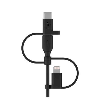 تصویر  کابل شارژ سریع بلکین 1 به 3 USB-A به لایتنینگ - USB-C و Micro-USB مدل CAC001bt1MBK