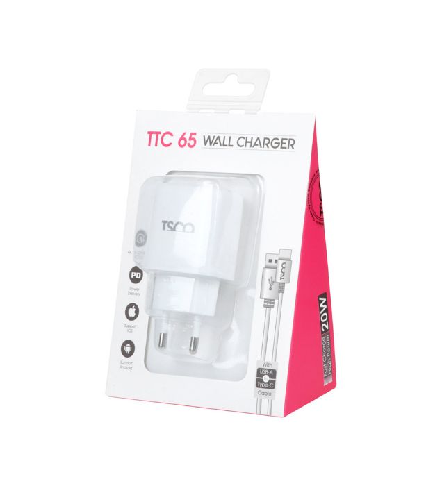 تصویر  شارژر دیواری تسکو 20 وات مدل TTC 65 با کابل Tyoe-C (دو پورت)