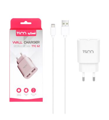 شارژر دیواری تسکو مدل TTC 62 با کابل شارژ اندروید (دو پورت)