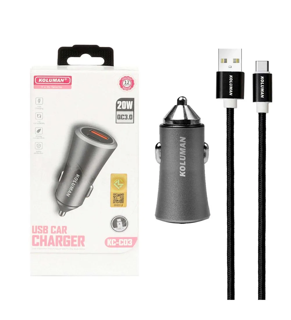 تصویر  شارژر فندکی کلومن مدل KC-C03 توان 20 وات همراه با کابل Type C