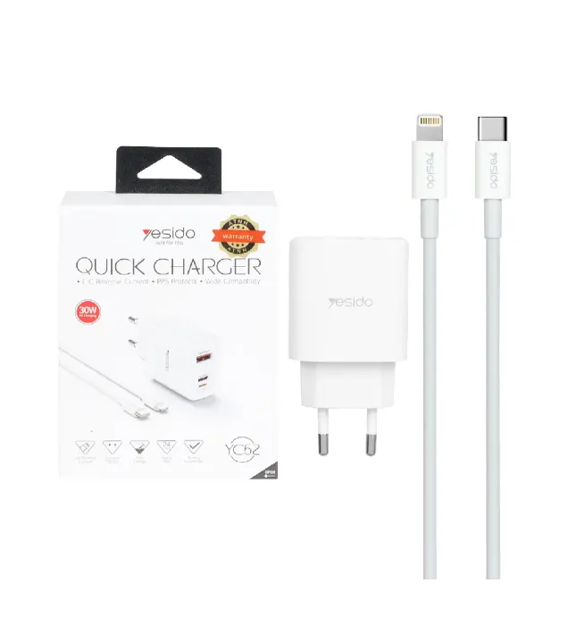 تصویر  شارژر دیواری یسیدو 30 وات مدل YC52 با کابل شارژ آیفون (سه پورت)