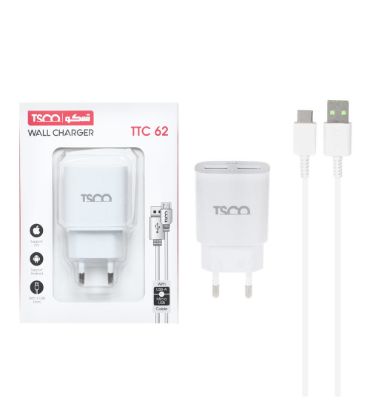 شارژر دیواری تسکو مدل TTC 62 با کابل شارژ تایپ سی (دو پورت)