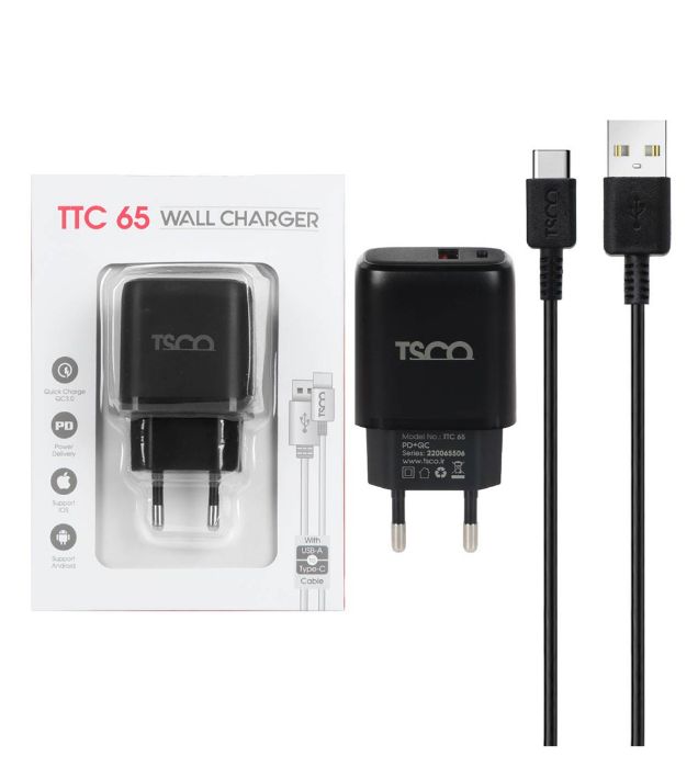 تصویر  شارژر دیواری تسکو 20 وات مدل TTC 65 با کابل Tyoe-C (دو پورت)