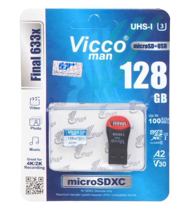 تصویر  کارت حافظه microSDXC ویکومن مدل Final 633X کلاس 10 استاندارد UHS-I U3 سرعت 100MB/s ظرفیت 128 گیگابایت با USB