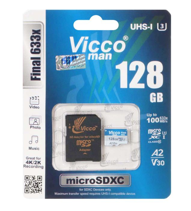 تصویر  کارت حافظه ویکومن microSDXC & adapter مدل Final 633X  کلاس 10 استاندارد UHS-I U3 سرعت 100MB/s ظرفیت 128 گیگابایت