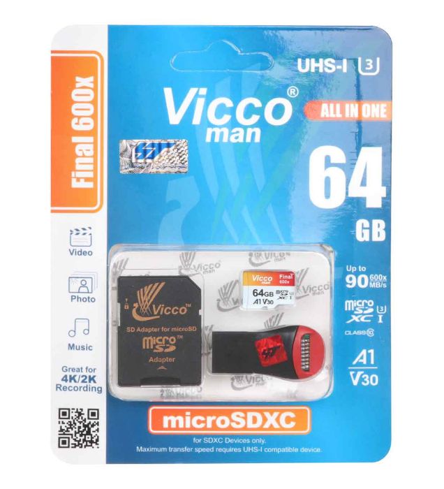تصویر  کارت حافظه ویکومن microSDXC & adapter مدل (All in one) Final 600X V30 استاندارد UHS-I U3 سرعت 90MB/s ظرفیت 64 گیگابایت