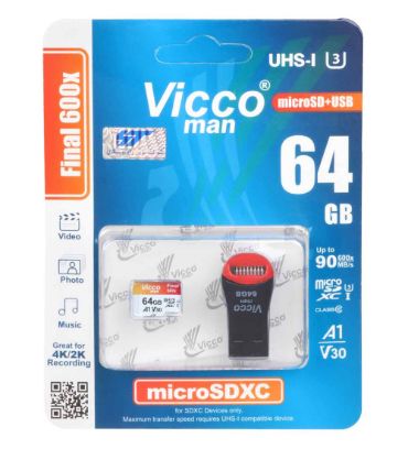 کارت حافظه MicroSDXC ویکومن مدل Final 600X V30 استاندارد UHS-I U3 سرعت 90MB/s ظرفیت 64 گیگابایت با USB