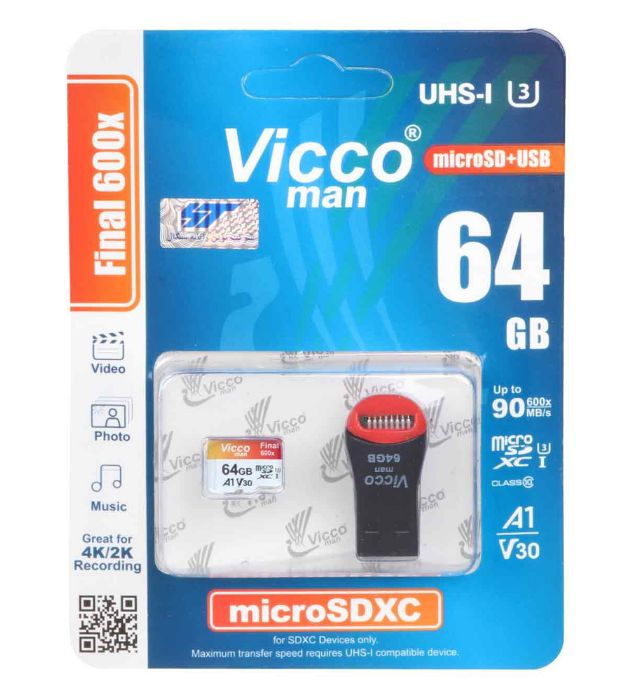 تصویر  کارت حافظه MicroSDXC ویکومن مدل Final 600X V30 استاندارد UHS-I U3 سرعت 90MB/s ظرفیت 64 گیگابایت با USB