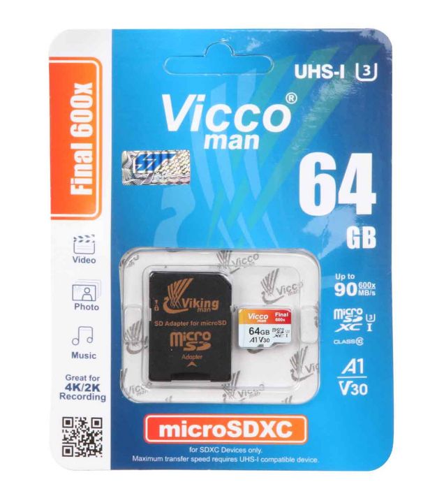 تصویر  کارت حافظه ویکومن  MicroSDXC & adapter مدل Final 600X استاندارد UHS-I U3 سرعت 90MB/s ظرفیت 64 گیگابایت