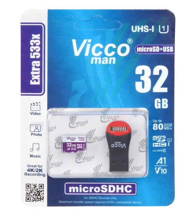 تصویر  کارت حافظه ویکومن  MicroSDXC & USB مدل Class10 Extra 533X استاندارد UHS-I U1 سرعت 80MB/s ظرفیت 32 گیگابایت
