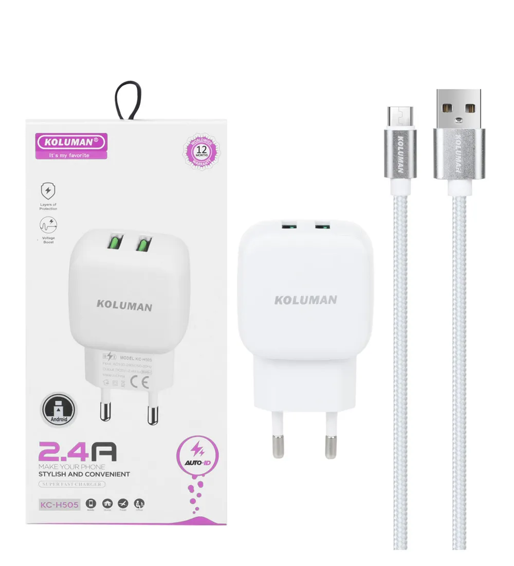 تصویر  شارژر دیواری کلومن مدل KC-H505 با کابل شارژ اندروید (دو پورت )