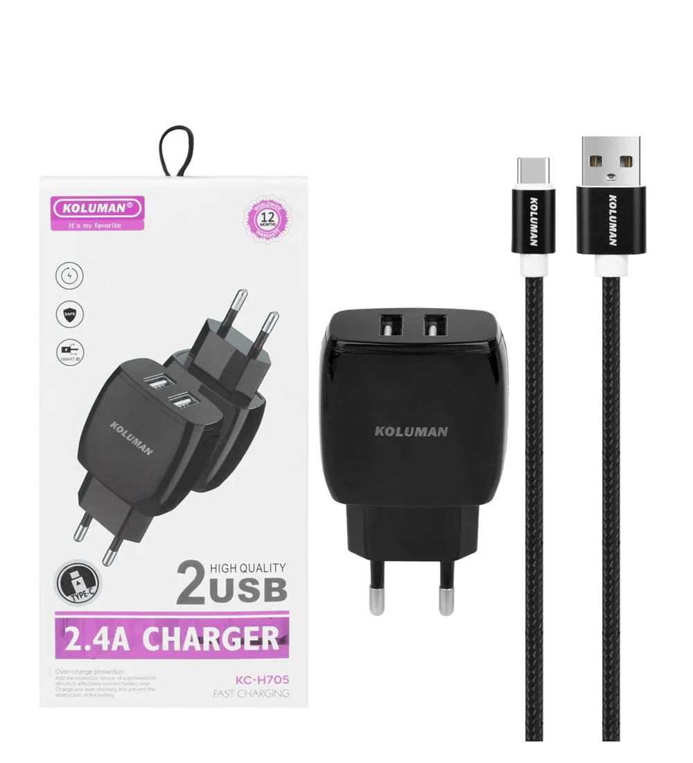 تصویر  شارژر دیواری کلومن مدل KC-H705 با کابل شارژ تایپ سی (دو پورت)