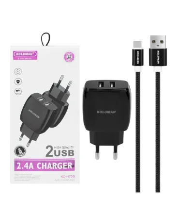 تصویر  شارژر دیواری کلومن مدل KC-H705 با کابل شارژ تایپ سی (دو پورت)
