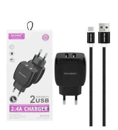 تصویر  شارژر دیواری کلومن مدل KC-H705 با کابل شارژ تایپ سی (دو پورت)