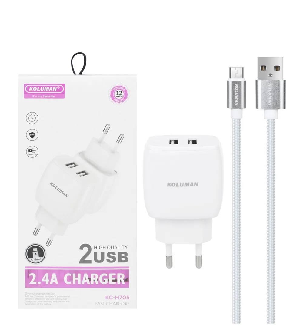 تصویر  شارژر دیواری فست دو پورت کلومن مدل KC-H705 به همراه کابل شارژ اندروید