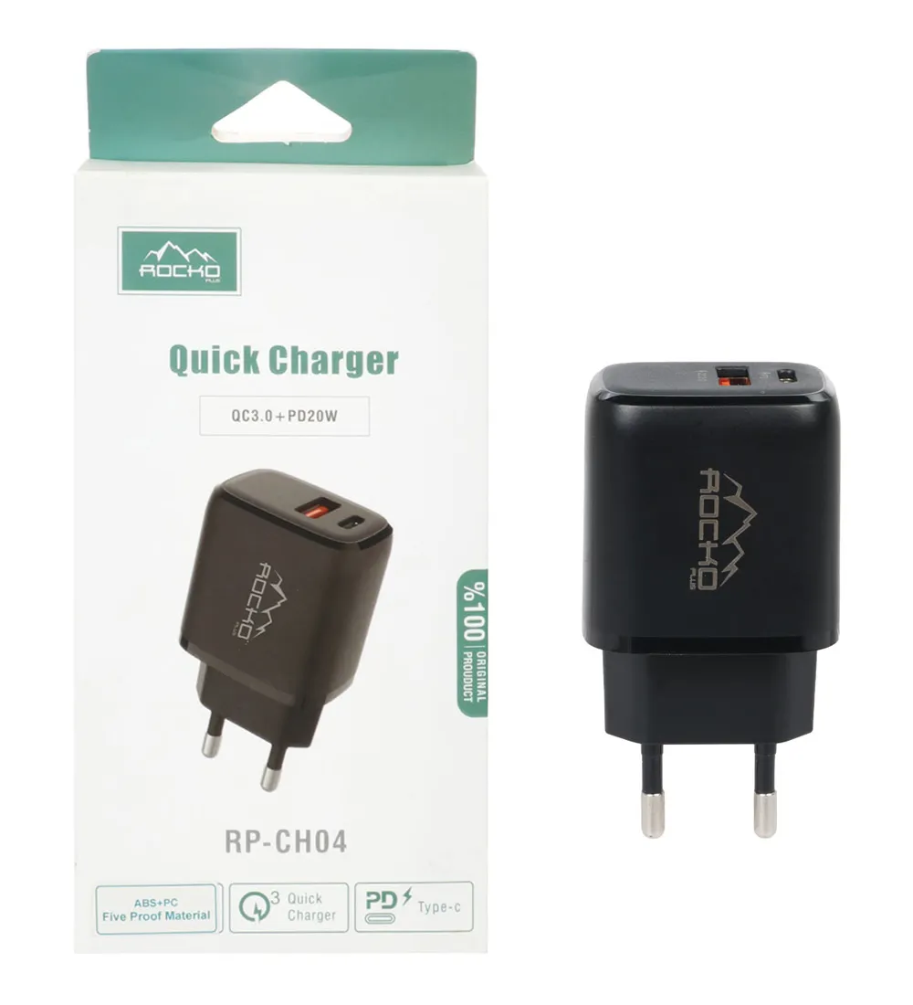 تصویر  شارژر دیواری فست دو پورت راک 20 وات مدل RP-CH04