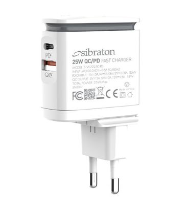 شارژر دیواری سیبراتون 25 وات مدل S-W2225C-PD به همراه کابل USB به تایپ سی
