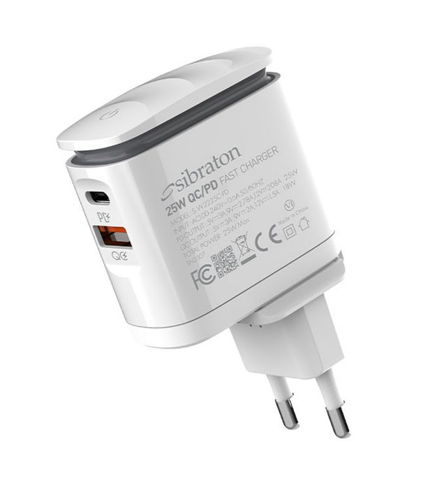 تصویر  شارژر دیواری سیبراتون 25 وات مدل S-W2225C-PD به همراه کابل USB به تایپ سی