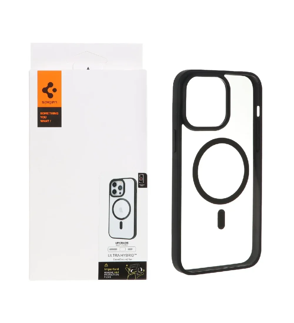 تصویر  قاب گوشی اپل iPhone 14 Pro Max اسپیگن با توری اسپیکر فلزی - شفاف مشکی