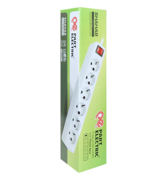 تصویر  چندراهی برق شش خانه کلید دار ارت دار پارت الکتریک مدل Shahab - طول 3 متر