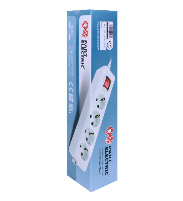 تصویر  چندراهی برق چهار خانه کلید دار بدون ارت پارت الکتریک مدل Nike - طول 1.8 متر