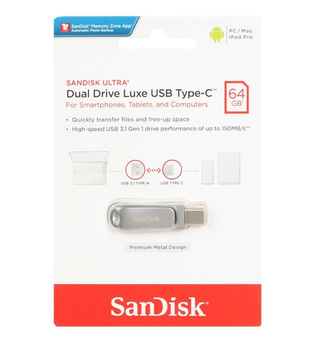 تصویر  فلش مموری سن دیسک مدل Ultra Dual Drive Luxe USB Type-C USB3.1 ظرفیت 64 گیگابایت