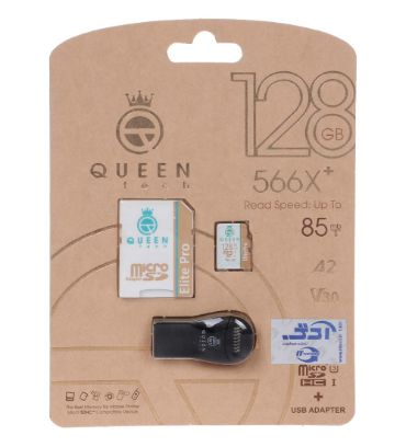 کارت حافظه microSDHC کوئین تک مدل 566X plus کلاس 10 استاندارد U3 سرعت 85MB/s به همراه آداپتور و رم ریدر ظرفیت 128 گیگابایت