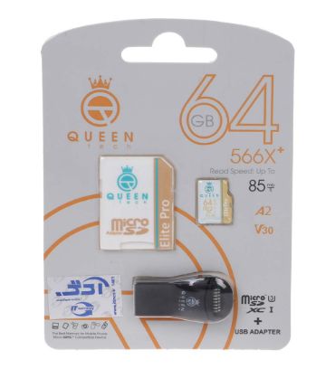 کارت حافظه microSDHC کوئین تک مدل 566X plus کلاس 10 استاندارد U3 سرعت 85MB/s به همراه آداپتور و رم ریدر ظرفیت 64 گیگابایت