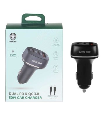 شارژر فندکی فست و PD سه پورت گرین لاین مدل GN2PD1QCLCCBL 50W همراه با کابل لایتنینگ