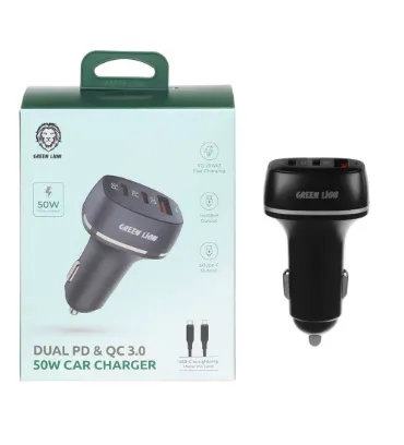 تصویر  شارژر فندکی فست و PD سه پورت گرین لاین مدل GN2PD1QCLCCBL 50W همراه با کابل لایتنینگ