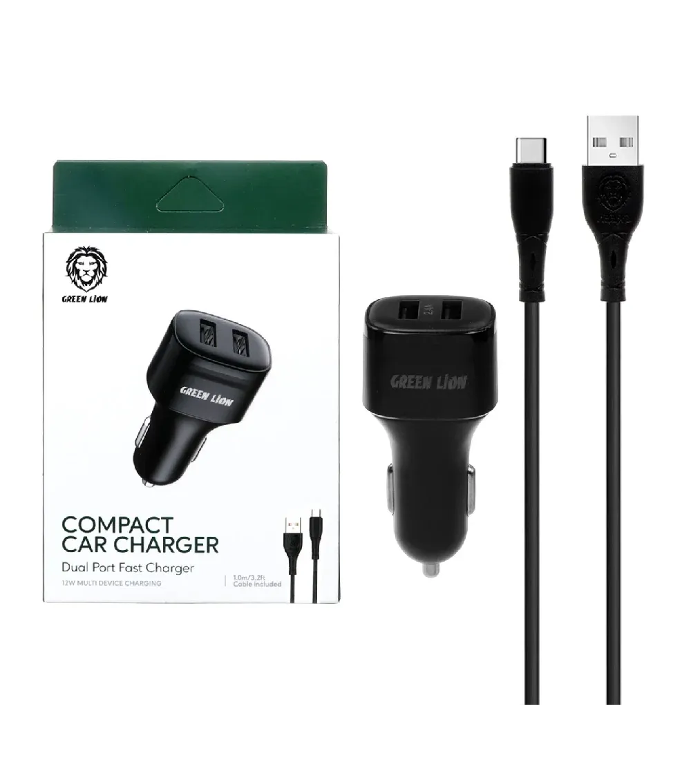 تصویر  شارژر فندکی فست دو پورت گرین لاین مدل GNCC24TYCBK 12W به همراه کابل شارژ Type-C