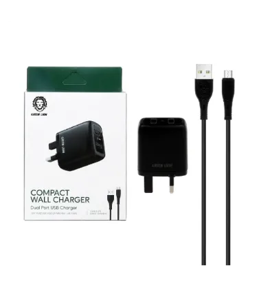 تصویر  شارژر دیواری فست دو پورت گرین لاین مدل GNC24AMCRBK 12W به همراه کابل شارژ اندروید