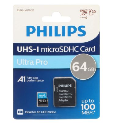 کارت حافظه microSDHC فیلیپس مدل V30 A1 کلاس 10 استاندارد UHS-I Ultra Pro U3 سرعت 100MB/s به همراه آداپتور ظرفیت 64 گیگابایت