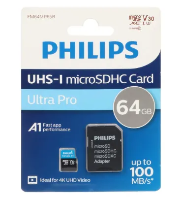 تصویر کارت حافظه microSDHC فیلیپس مدل V30 A1 کلاس 10 استاندارد UHS-I Ultra Pro U3 سرعت 100MB/s به همراه آداپتور ظرفیت 64 گیگابایت