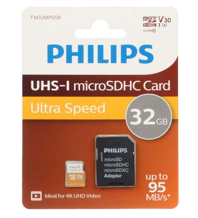 تصویر  کارت حافظه microSDHC فیلیپس مدل V30 A1 کلاس 10 استاندارد UHS-I Ultra Speed U3 سرعت 95MB/s به همراه آداپتور ظرفیت 32 گیگابایت